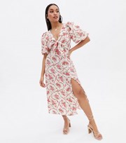 New Look Petite White Floral Tie Front Puff Sleeve Midi Dress
